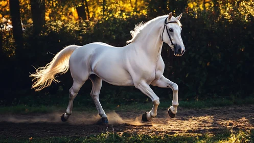High-key lateral capture of white stallion in extended canter.