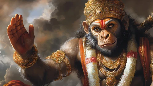 Monkey-headed deity figure raises right hand before clouds