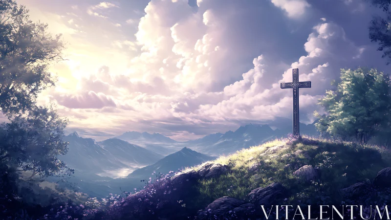 Sunlit hillside cross overlooking peaceful mountain valley.