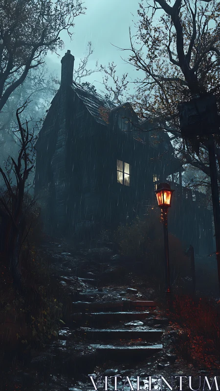 Rain-soaked hill house glowing under a lonely lamppost.