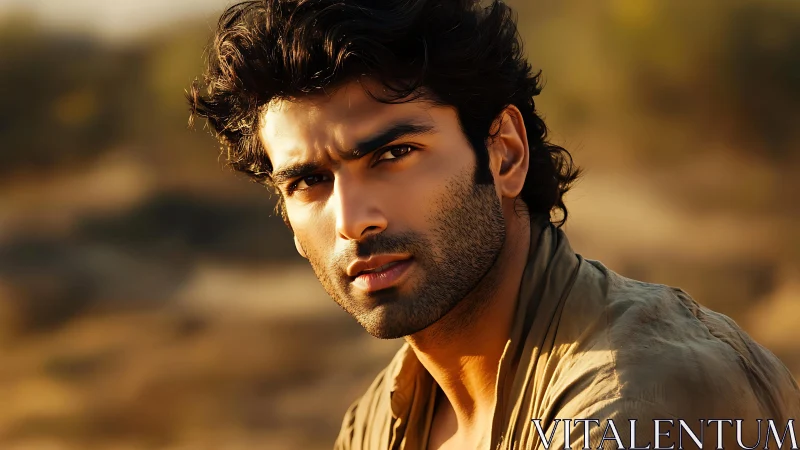 Sunlit portrait captures intense gaze in warm outdoors.