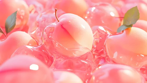 Luscious Pink Peaches in Glossy Jelly, Hyperreal 3D Art.