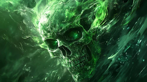 Spectral emerald skull in turbulent plasma combustion field.