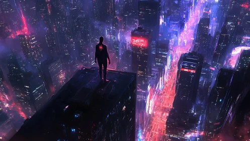 Neon vigilante overlooking futuristic cyberpunk megacity.