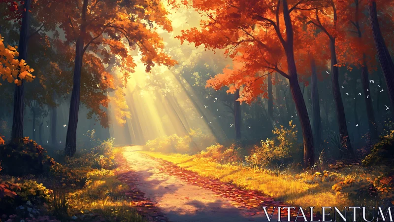 Sunlit Forest Path Through Golden Autumn