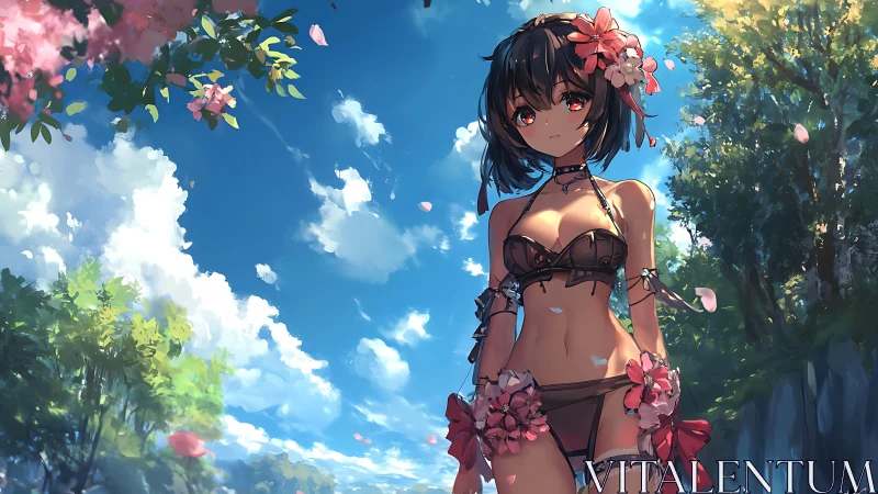 Blossom warrior girl strolls beneath a sky of drifting petals