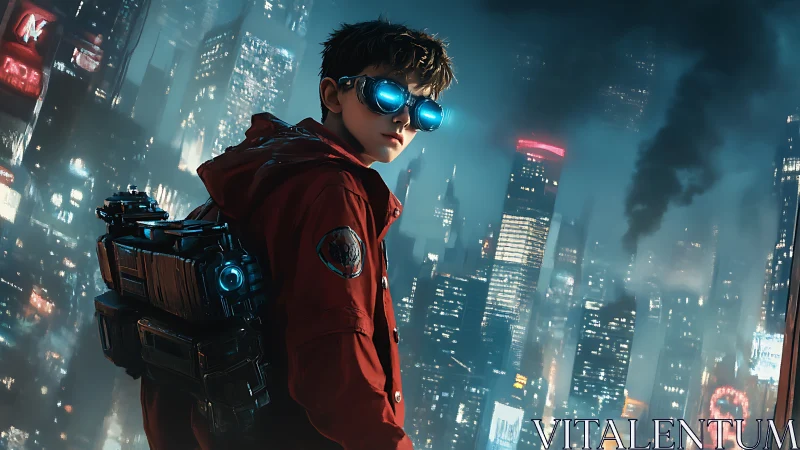 Augmented teen operative surveys neon-drenched cyberpunk skyline