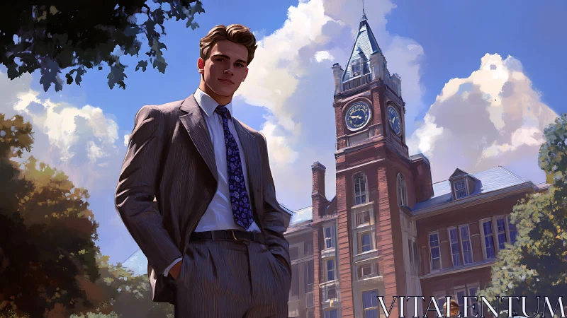 Young professional in tailored suit before campus clocktower.