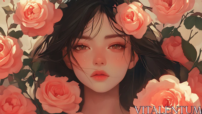 Tearful digital portrait framed by high-saturation roses.