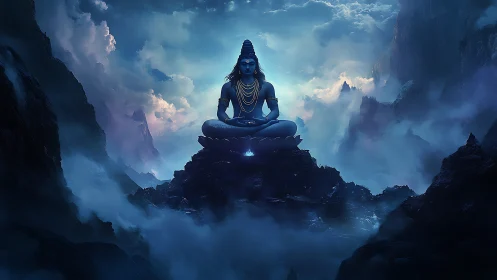 Divine blue deity seated in meditative stillness amid storm clouds