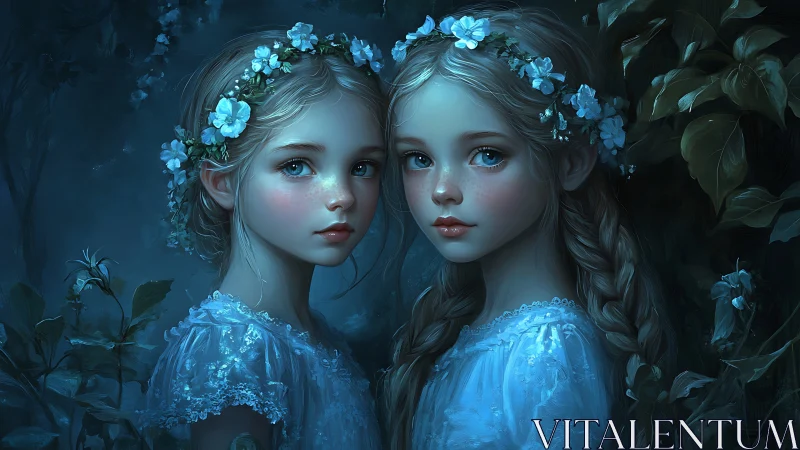 Moonlit twin sisters stand in an enchanted forest glade.