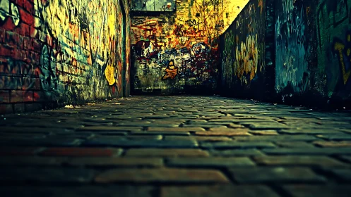 Graffiti alleyway glows under moody golden urban light.