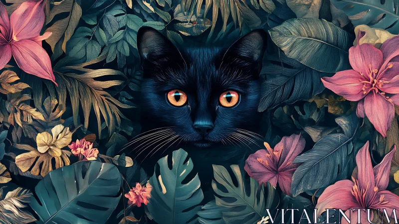 Black Cat with Amber Eyes Surrounded by Tropical Florals