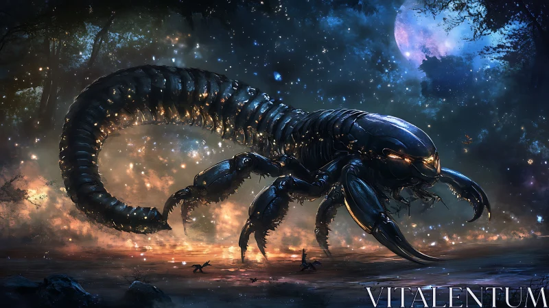 Celestial cyber-scorpion prowls beneath a burning starfield.