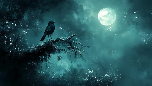 Raven Perched on Ancient Branch Under Full Moon.