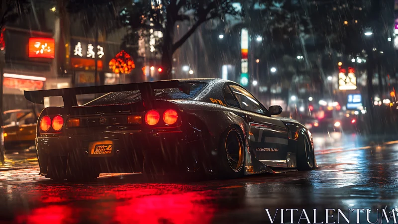 Modified sports car is parked on a wet neon city street at night