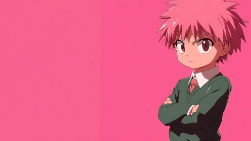 Serious pink haired anime schoolboy on solid pink background.