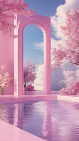 Pink architectural arch by reflective pool with trees.