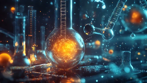 Glowing molecular network ignites a futuristic chemistry lab.