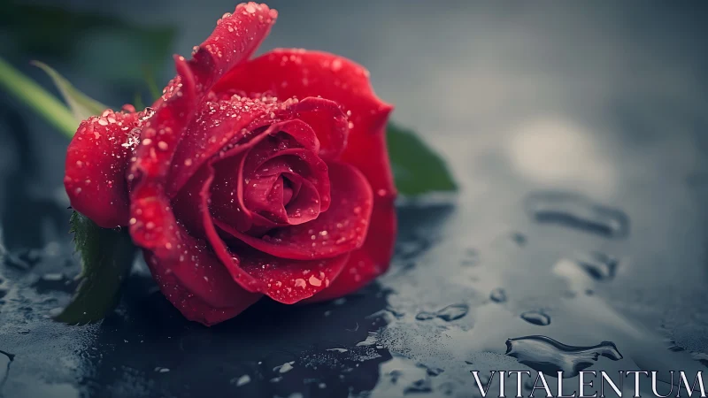 Red rose macro on wet reflective surface with dewdrops detail