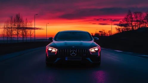 Midnight coupe hunts the horizon under molten sunset sky.