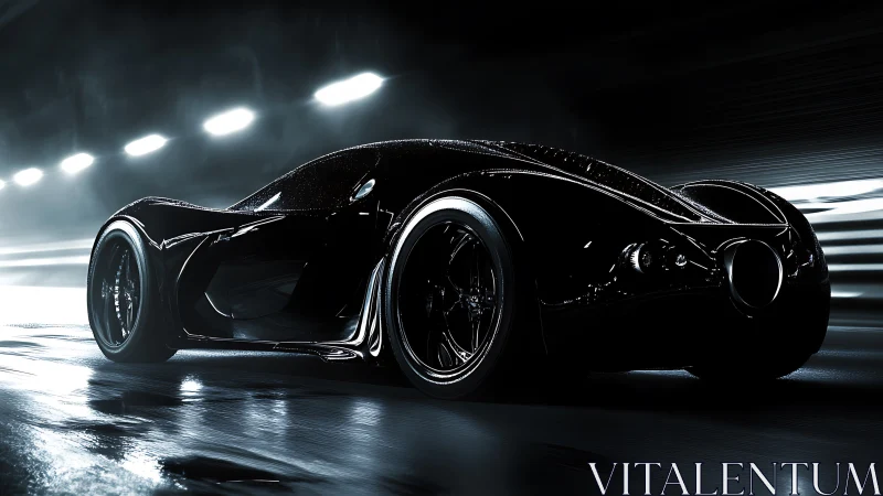 Midnight hypercar slices wet tunnel with razor reflections.