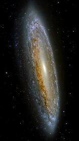 Edge-on spiral galaxy with bright core and star field.