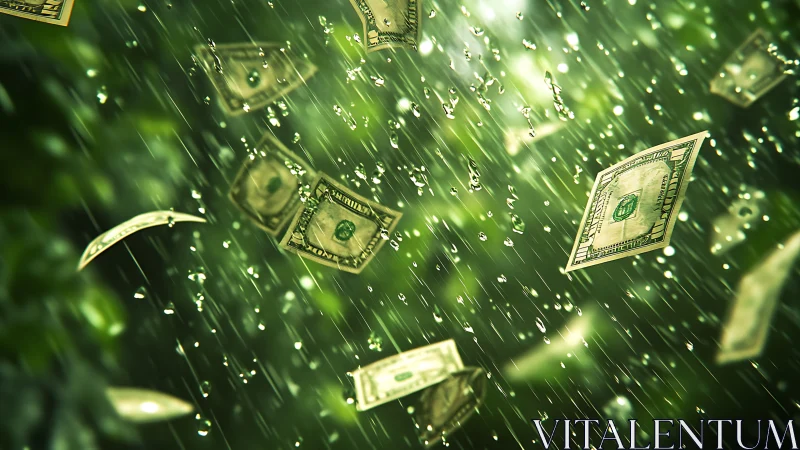 Rain of dollar bills falls through glowing green light
