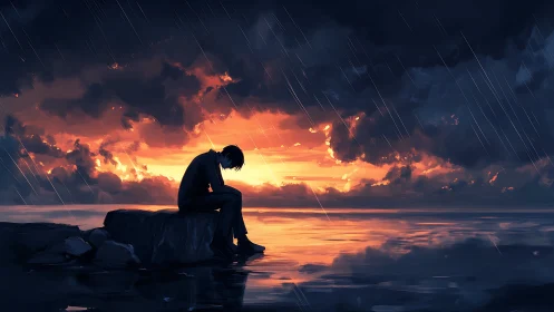 Solitary figure sits on rock in rain at vivid ocean sunset