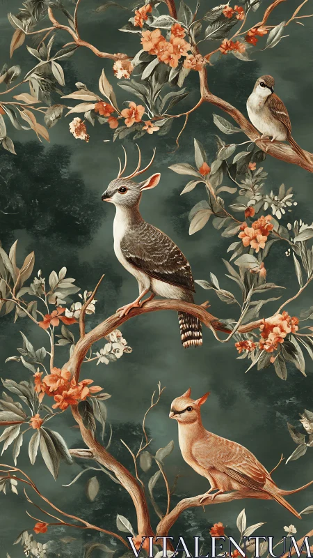 Ornate antlered bird trio perched in flowering foliage.