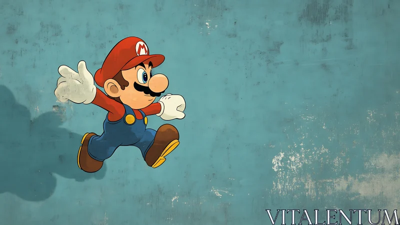 Energetic cartoon hero jumps across distressed teal wall