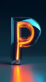 Neon glass letter P glows vividly in a dark studio space