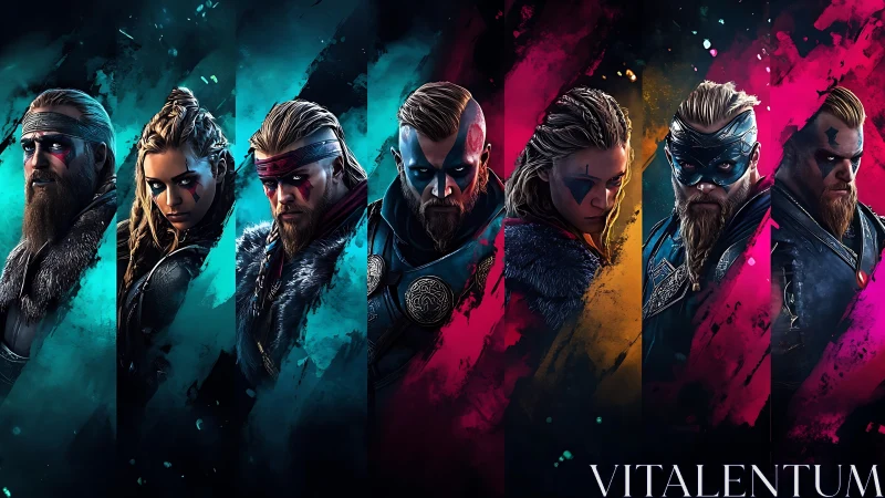 Bold Viking warriors stand united in glowing neon storms