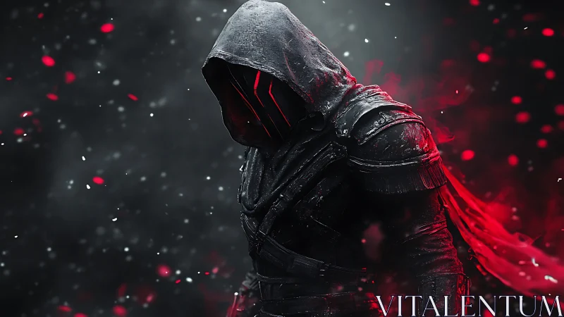 Hooded voidwalker wrapped in crimson embers and stormed shadow.