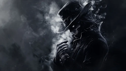 Sinister skeletal gunslinger in swirling monochrome smoke.