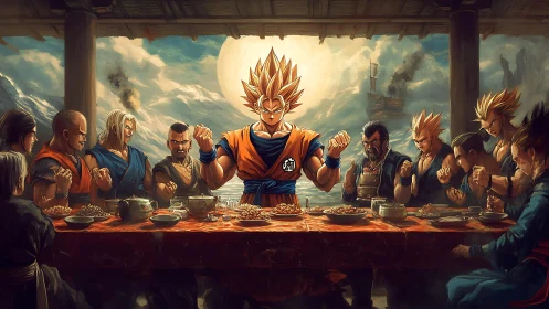 Saiyan warriors at dramatic banquet table under bright sun.