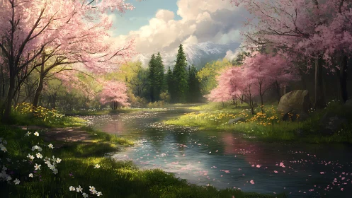 Spring blossoms frame a tranquil river beneath snowy peaks.