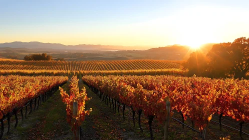 Sunlit autumn vineyard rows glow across rolling hills at dusk