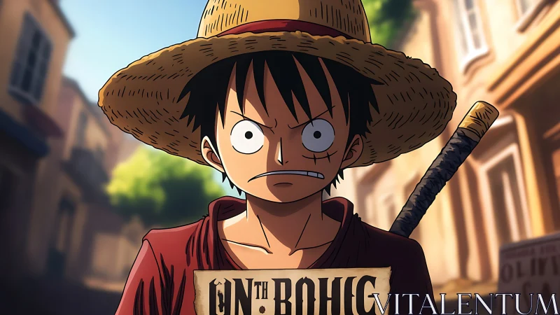 Straw hat anime pirate holding wanted poster in street scene.