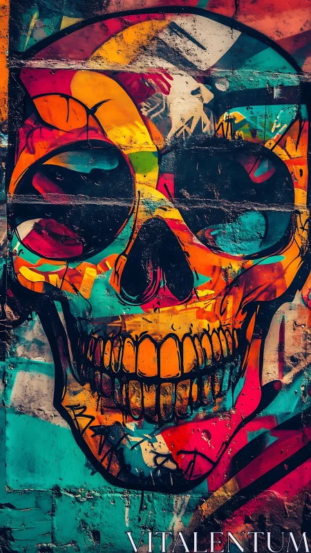 Neon skull graffiti exploding with saturated street color.