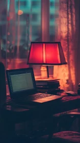 Moody home workspace with laptop under warm red lamp.