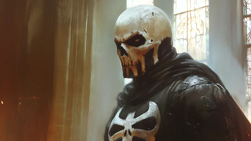 Skull-masked vigilante stands in ruined stained-glass light.