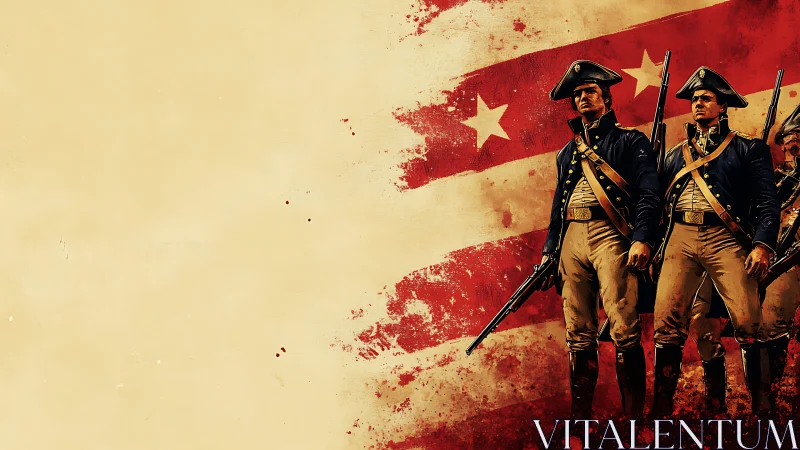 Revolutionary soldiers posed before distressed red banner.