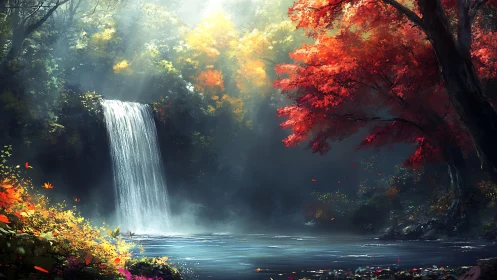 Backlit forest waterfall framed by saturated autumn foliage and mist
