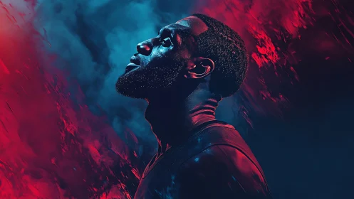 Male athlete profile illuminated by contrasting red and blue light