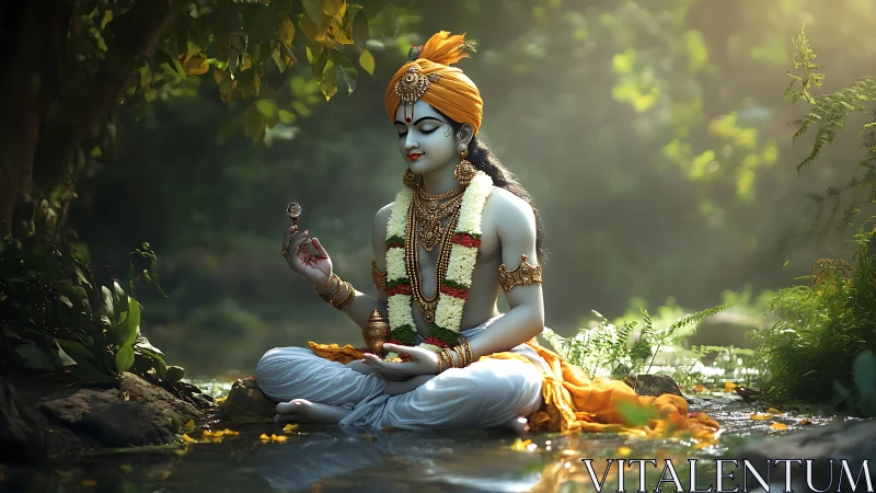 Serene riverbank deity in saffron light and jeweled calm.