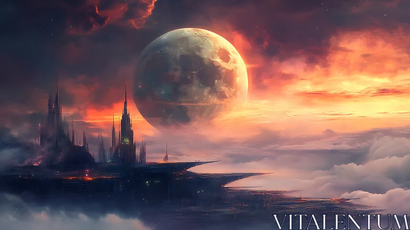 Luminous supermoon above misty sci fi sky cityscape.