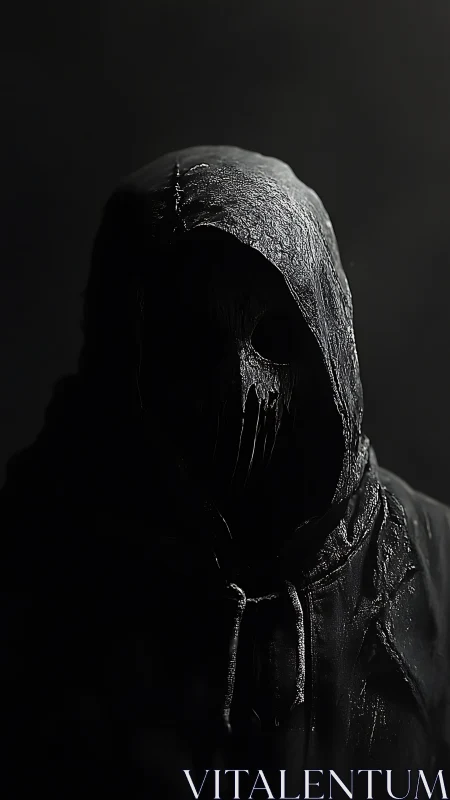 Hooded faceless figure in dark low key studio portrait.