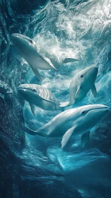 Graceful white whales drift through luminous arctic waters