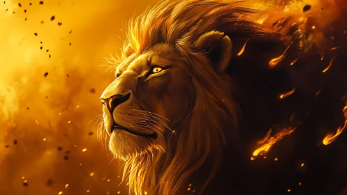 Majestic lion portrait emerges through swirling golden fire